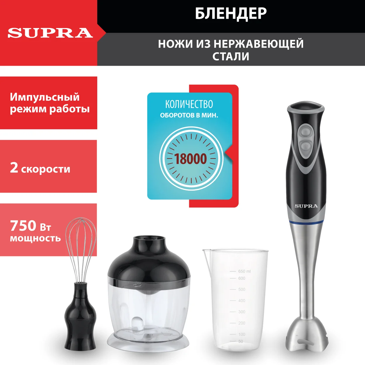 Блендер погружной SUPRA HBS-995 750Вт кувшин, стакан 0,65л, измельчитель 0,75л