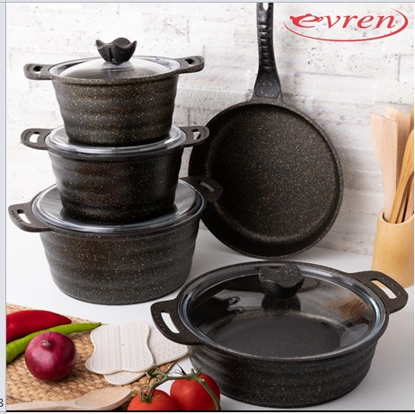 EVREN НАБОР ИЗ 9 ПРЕДМЕТОВ/20 СМ (2,3), 24 СМ (3,8) , 28 СМ (6) КАСТРЮЛЯ, 28 (3,6)СМ НИЗКАЯ КАСТР