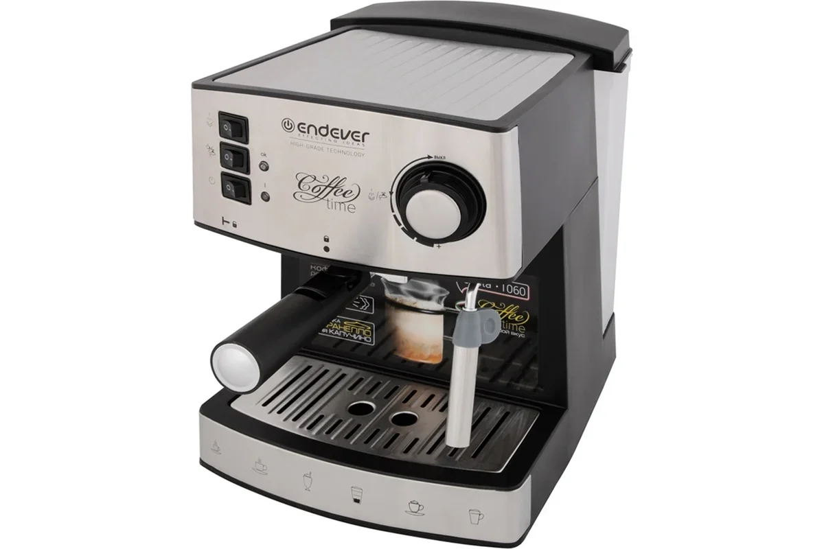 Кофеварка рожковая Endever Costa-1060 черный/стальной, исп. кофе - молотый, 1.6 л, 1000 Вт, 20 бар