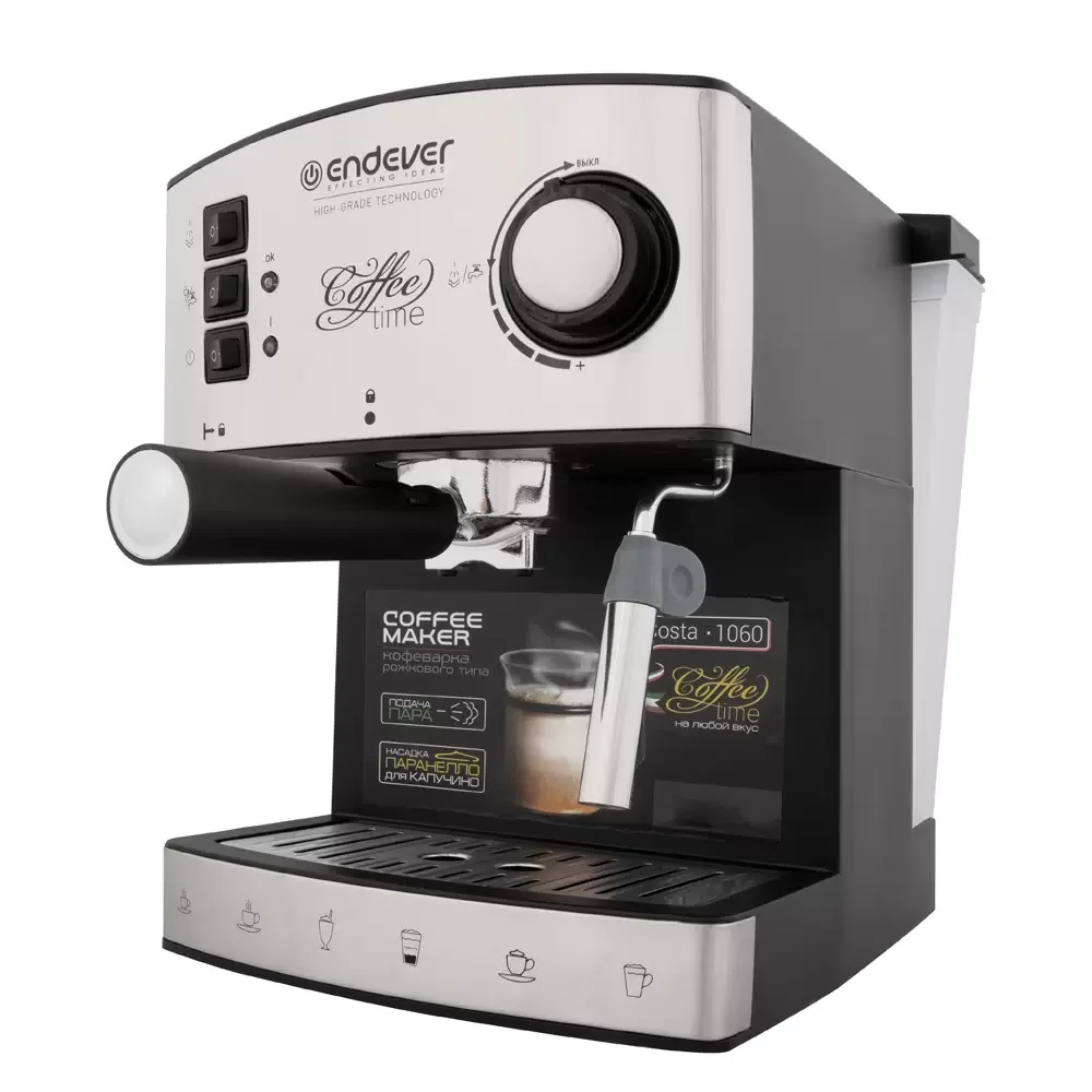 Кофеварка рожковая Endever Costa-1060 черный/стальной, исп. кофе - молотый, 1.6 л, 1000 Вт, 20 бар