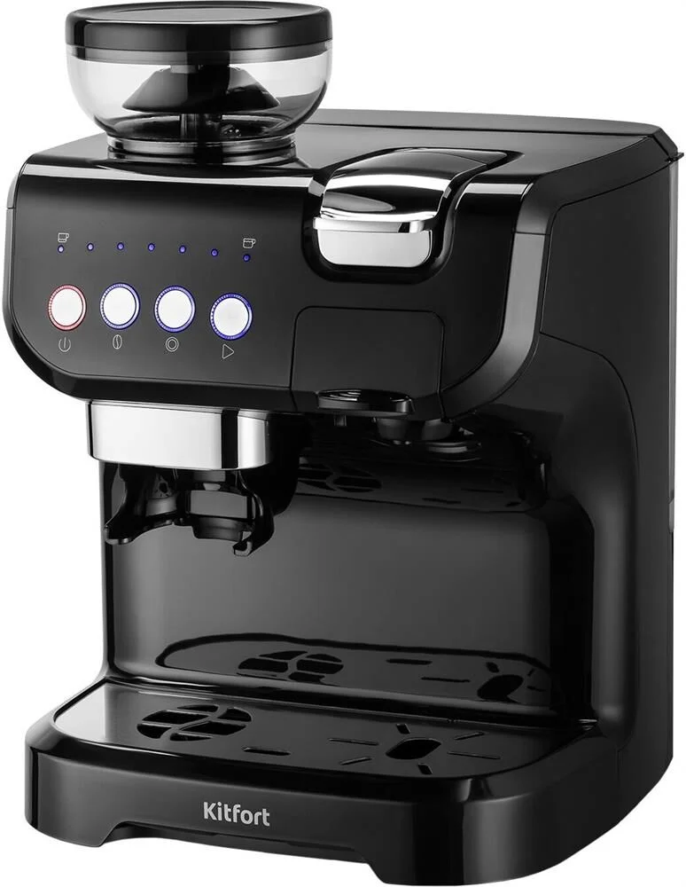 Кофеварка рожковая Kitfort КТ-7107 черный, исп. кофе - молотый/капсулы/зерновой, 2 л, 1560 Вт, 19 Бар