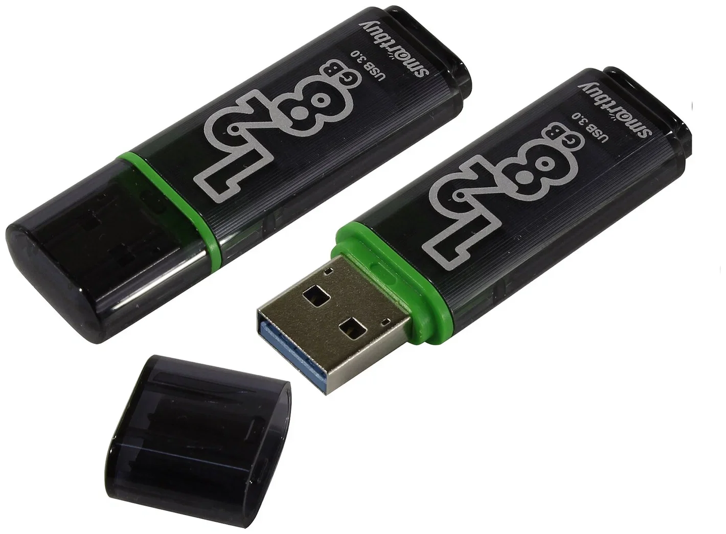 Флешка USB SmartBuy Glossy Dark Grey (SB128GbGS-DG), 128Gb, USB 3.0/3.1, R/W 75/25, черный/зеленый