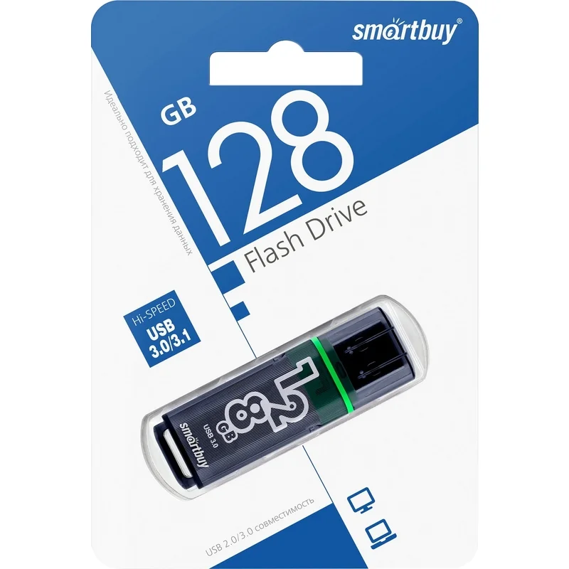 Флешка USB SmartBuy Glossy Dark Grey (SB128GbGS-DG), 128Gb, USB 3.0/3.1, R/W 75/25, черный/зеленый
