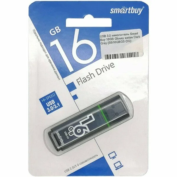 Флешка USB Smartbuy Glossy series Dark Grey (SB16 GbGS-DG), 16Gb, USB 3.0, R/W 75/30, серый/зеленый