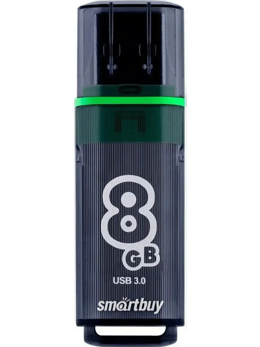 Флешка USB SmartBuy Glossy series Dark Grey (SB8GbGS-DG), 8Gb, USB 3.0, R/W 75/30, серый/зеленый