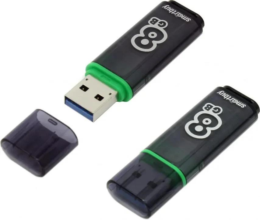 Флешка USB SmartBuy Glossy series Dark Grey (SB8GbGS-DG), 8Gb, USB 3.0, R/W 75/30, серый/зеленый