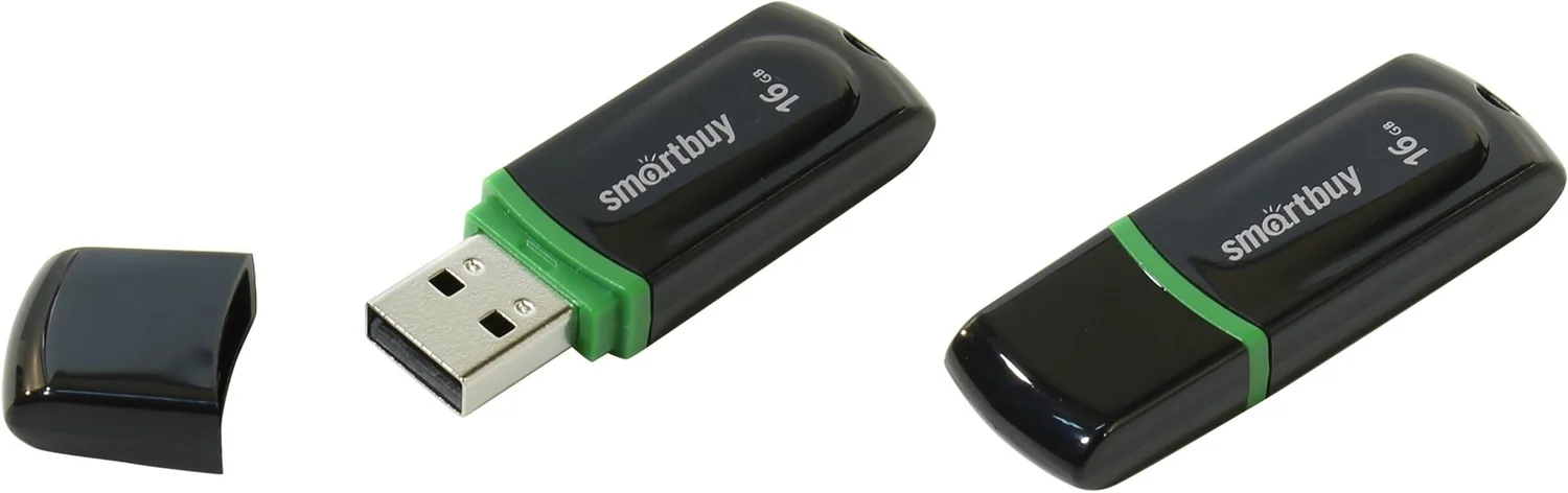 Флешка USB Smartbuy Paean черный (SB16 GbPN-K), 16Gb, USB 2.0, R/W 20/10, черный/зеленый