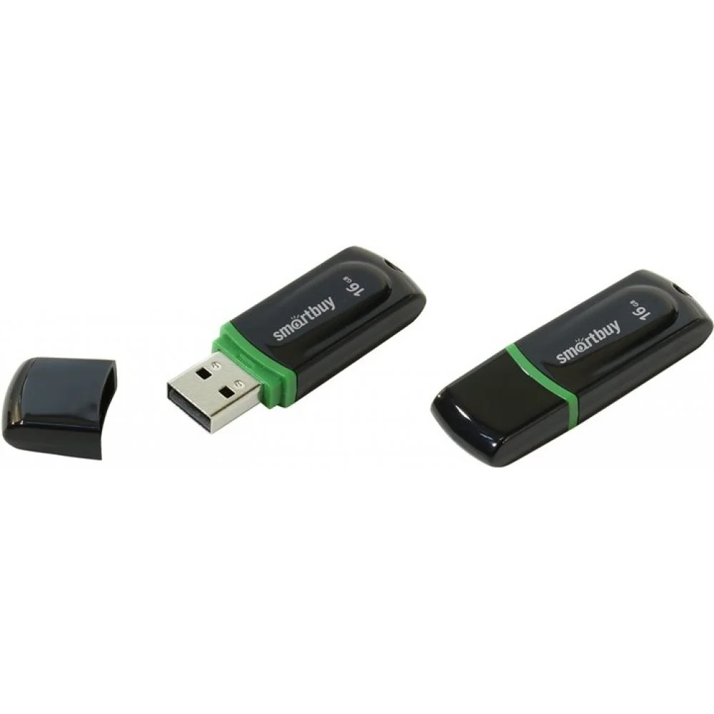 Флешка USB Smartbuy Paean черный (SB16 GbPN-K), 16Gb, USB 2.0, R/W 20/10, черный/зеленый