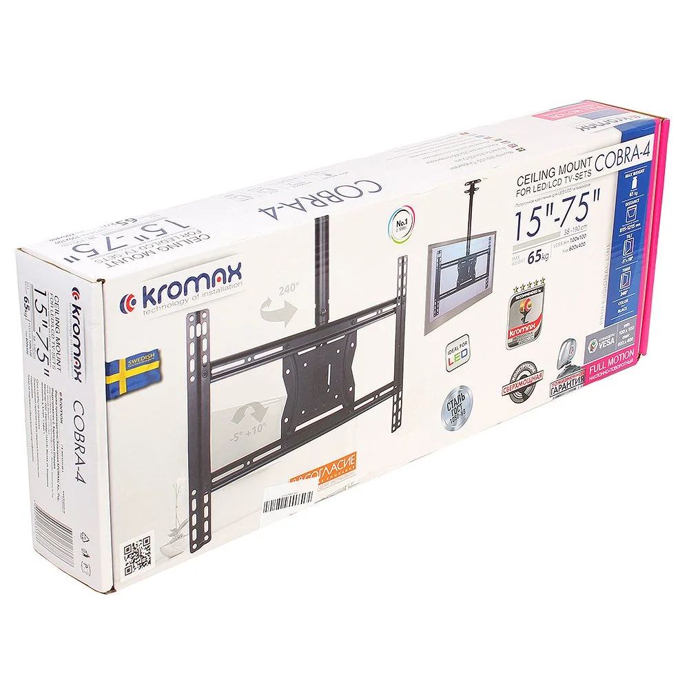 Кронштейн под LCD Kromax COBRA-4 black,15"-75", max 65 кг, 3 ст св., нак. +5-10°, пов.