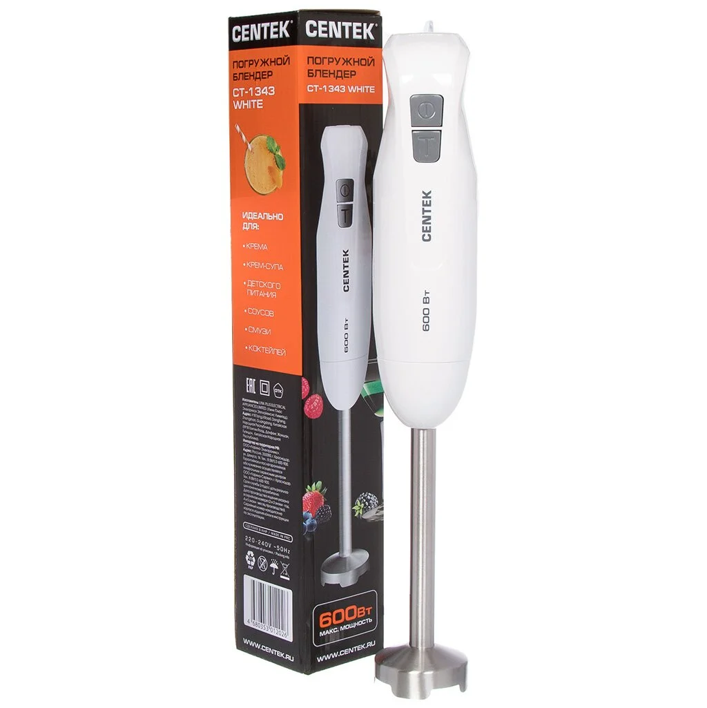 Блендер Centek CT-1343 белый 600 Вт, турбо режим, специальная заточка лезвий, легкая очистка
