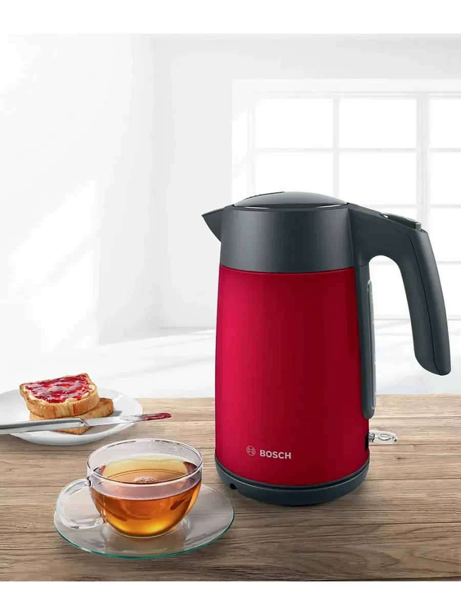 Чайник электрический Bosch TWK7L464 1.7 л, 2400 Вт., нерж.сталь, покрытая эмалью, красный, шкала уровня воды