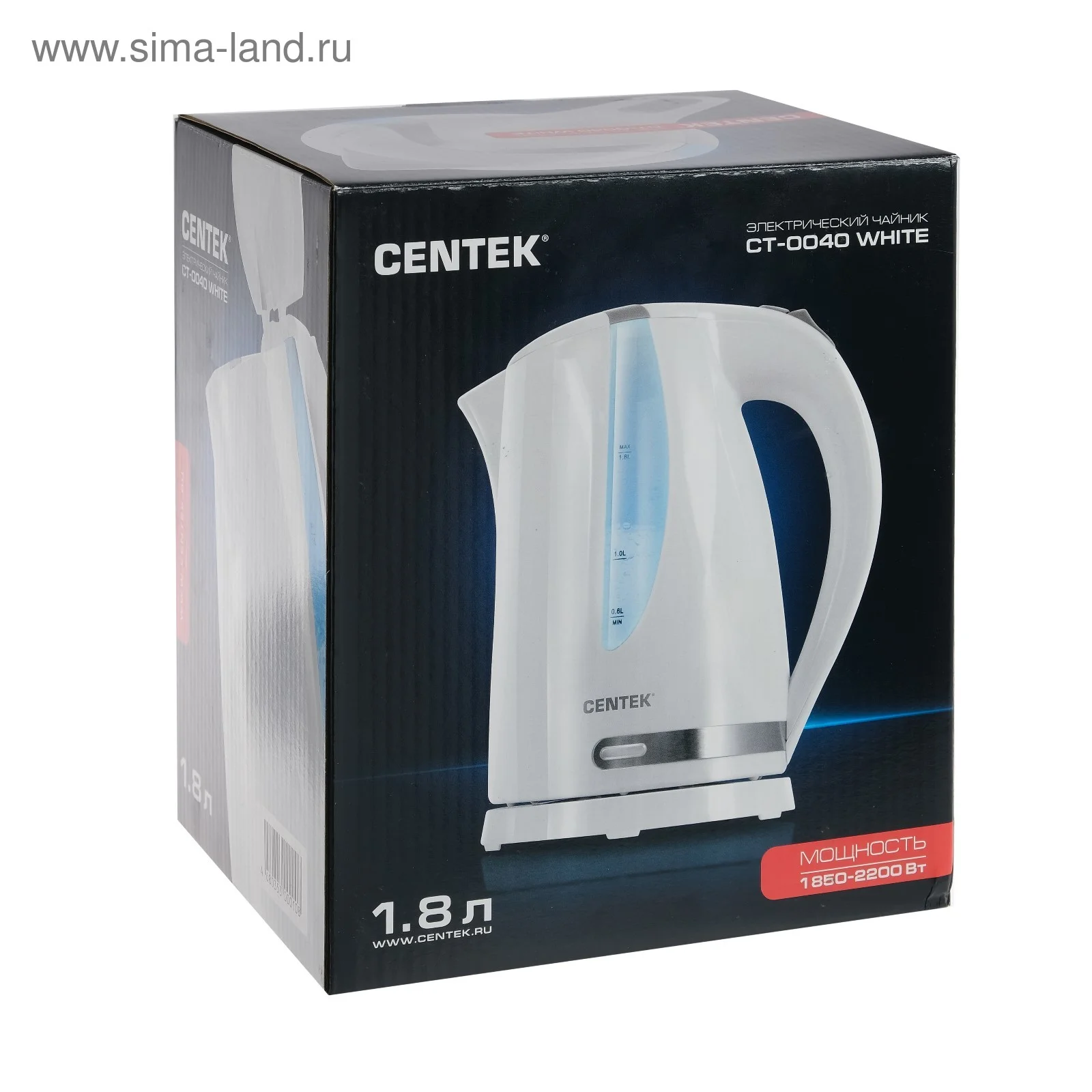 Чайник электрический Centek CT-0040 белый 1.8л, 2200 Вт, открывание кнопкой, внутренняя подсветка