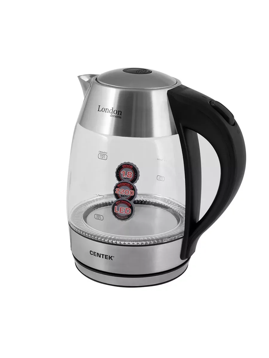 Чайник электрический Centek CT-0059 London, стекло, 1.8л, 2200Вт, LED-подсветка, отделка нерж.