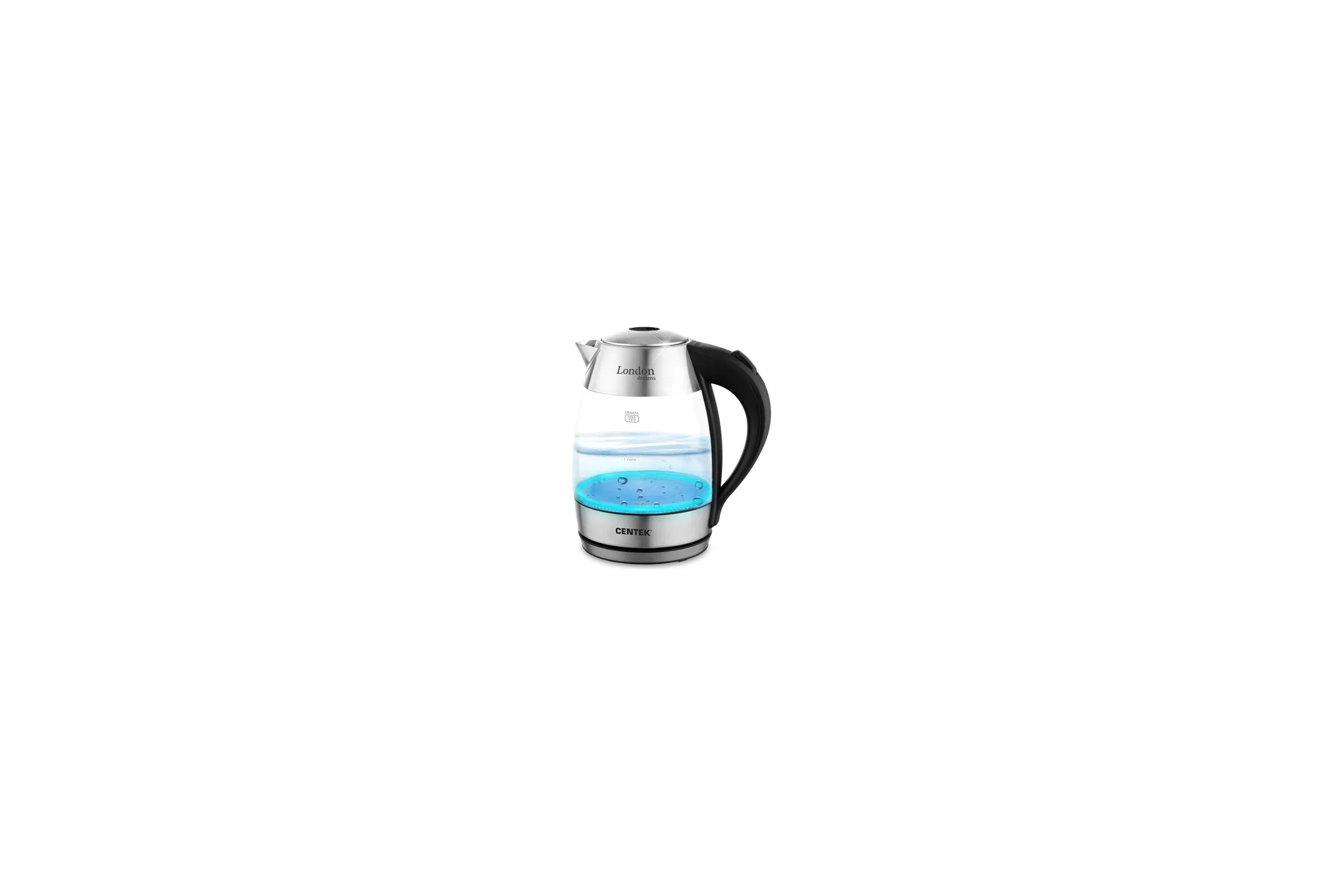 Чайник электрический Centek CT-0059 London, стекло, 1.8л, 2200Вт, LED-подсветка, отделка нерж.