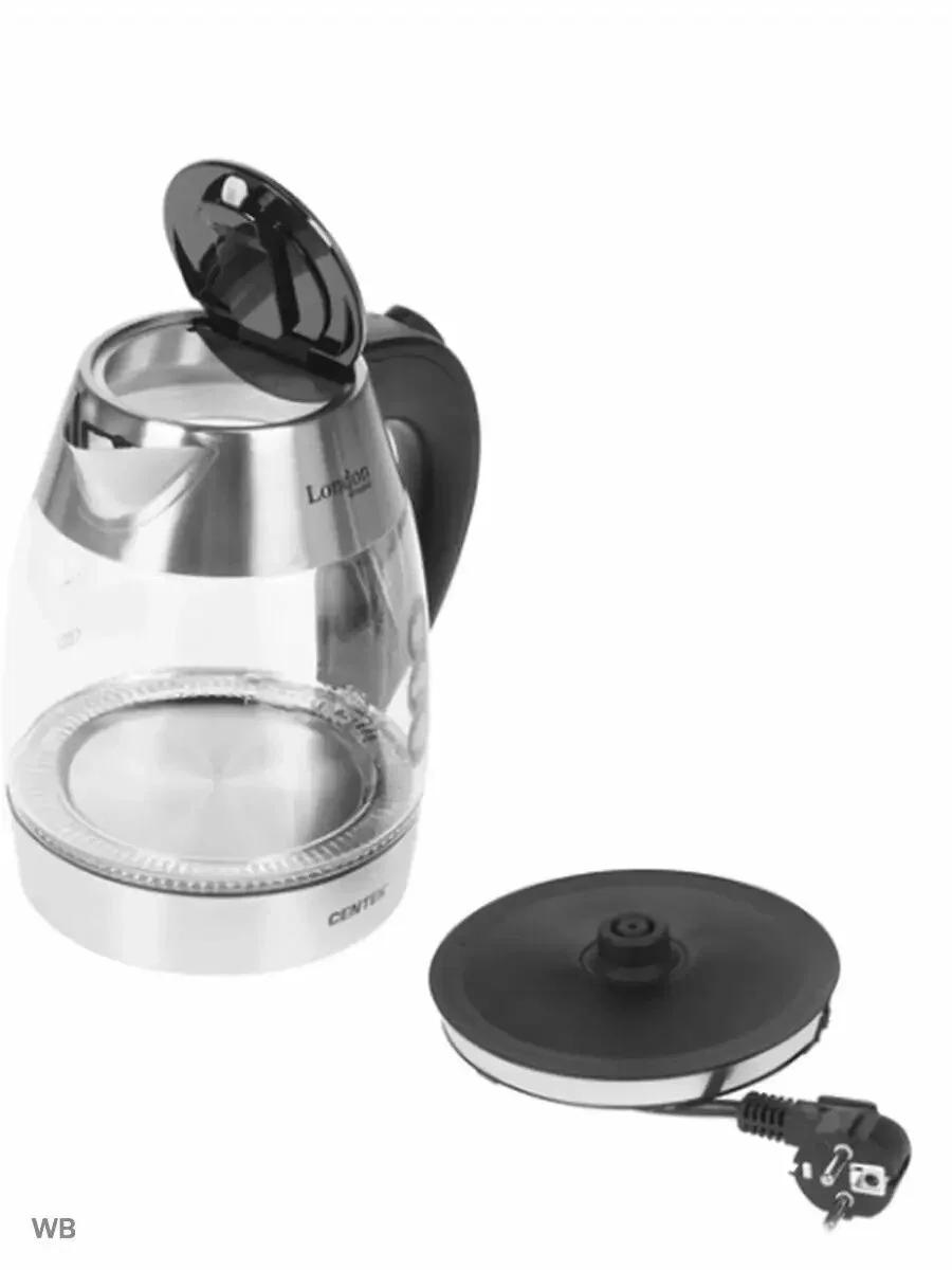 Чайник электрический Centek CT-0059 London, стекло, 1.8л, 2200Вт, LED-подсветка, отделка нерж.