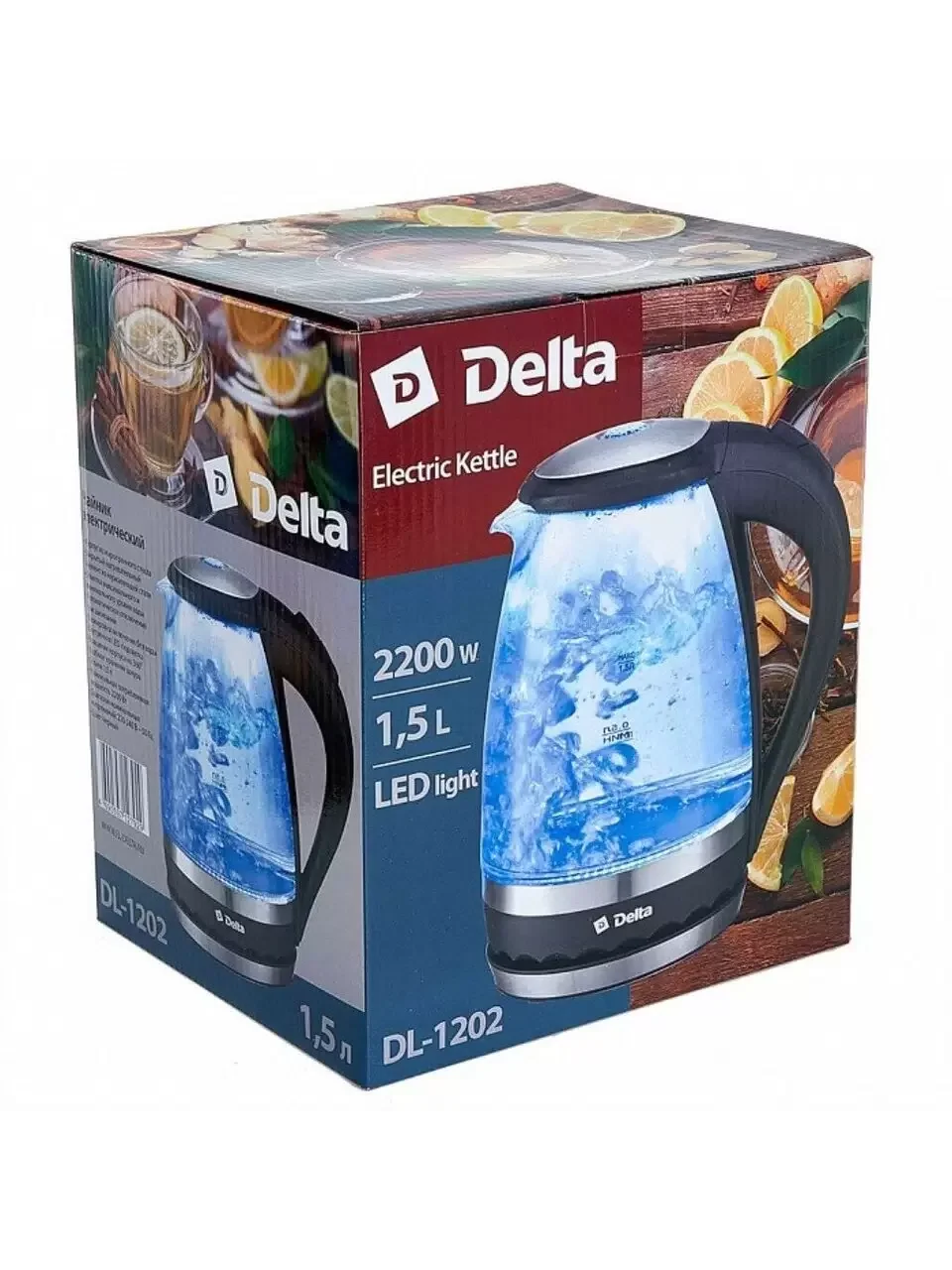 Чайник электрический Delta DL-1202 корпус из жаропрочного стекла, черный, 2200Вт, 1,5л
