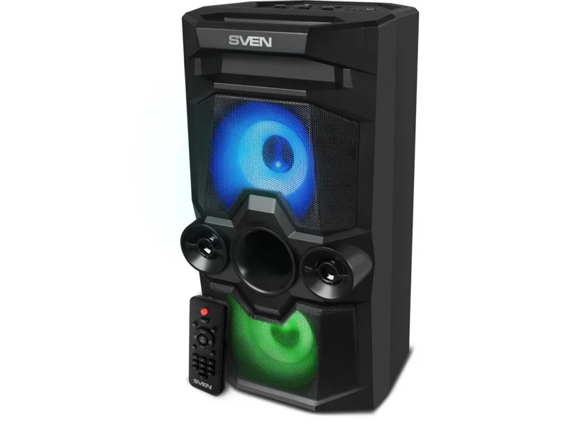 Мобильные колонки SVEN PS-655 2.0 черные (2x25W, mini Jack, USB Type-C, USB flash, Bluetooth, FM, micro SD, ПДУ, LED экран, 4400 мA, RGB подсветка)