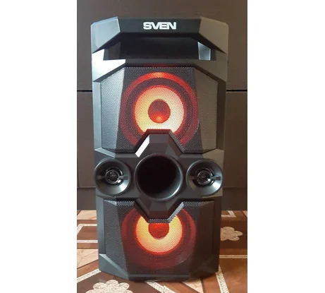 Мобильные колонки SVEN PS-655 2.0 черные (2x25W, mini Jack, USB Type-C, USB flash, Bluetooth, FM, micro SD, ПДУ, LED экран, 4400 мA, RGB подсветка)