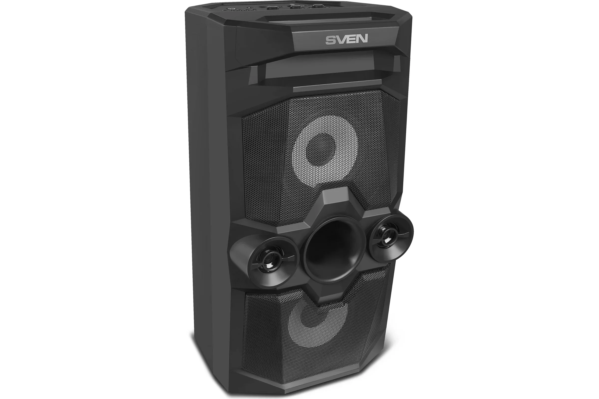 Мобильные колонки SVEN PS-655 2.0 черные (2x25W, mini Jack, USB Type-C, USB flash, Bluetooth, FM, micro SD, ПДУ, LED экран, 4400 мA, RGB подсветка)