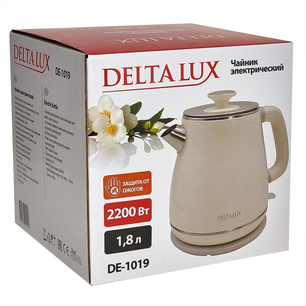 Чайник электрический Delta LUX DE-1019 (1,8 л, металл/пластик) белый