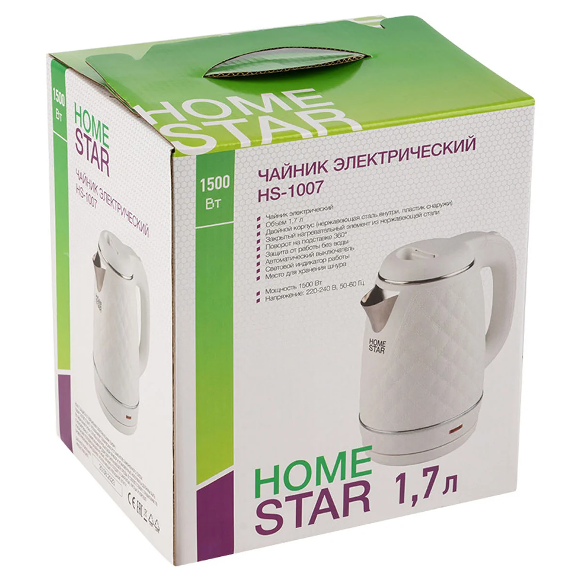 Чайник электрический Homestar HS-1007 1,7 л, 1500 Вт, белый