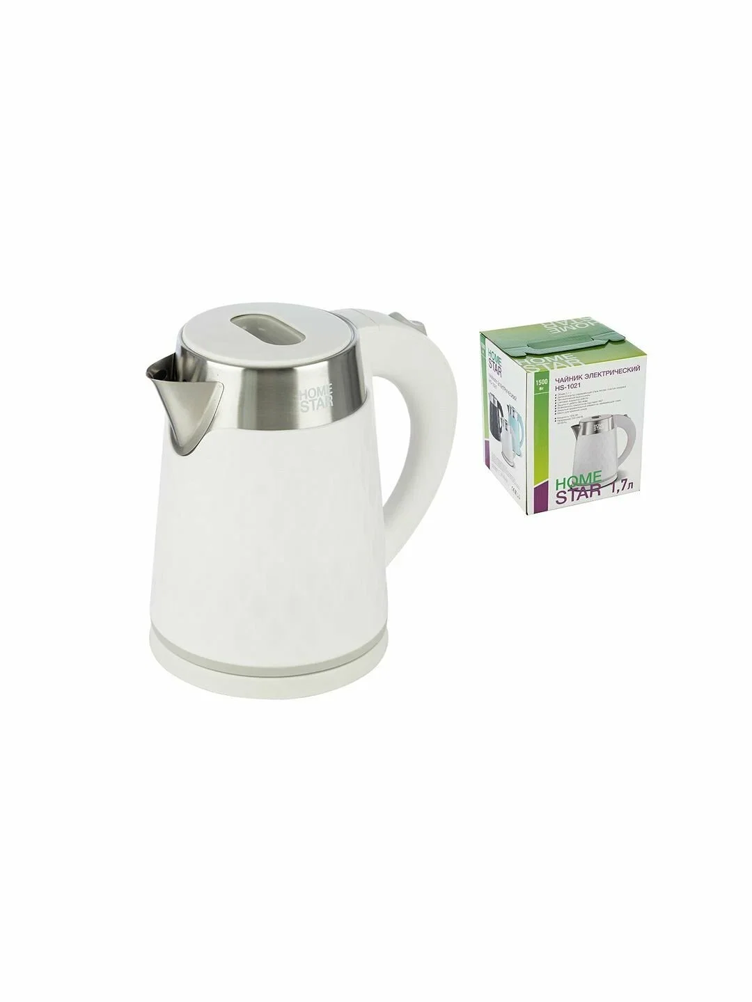 Чайник электрический Homestar HS-1021, 1500 Вт, 1.7 л, нержавейка+пластик, белый, двойной корпус