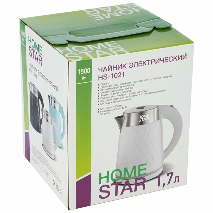 Чайник электрический Homestar HS-1021, 1500 Вт, 1.7 л, нержавейка+пластик, белый, двойной корпус