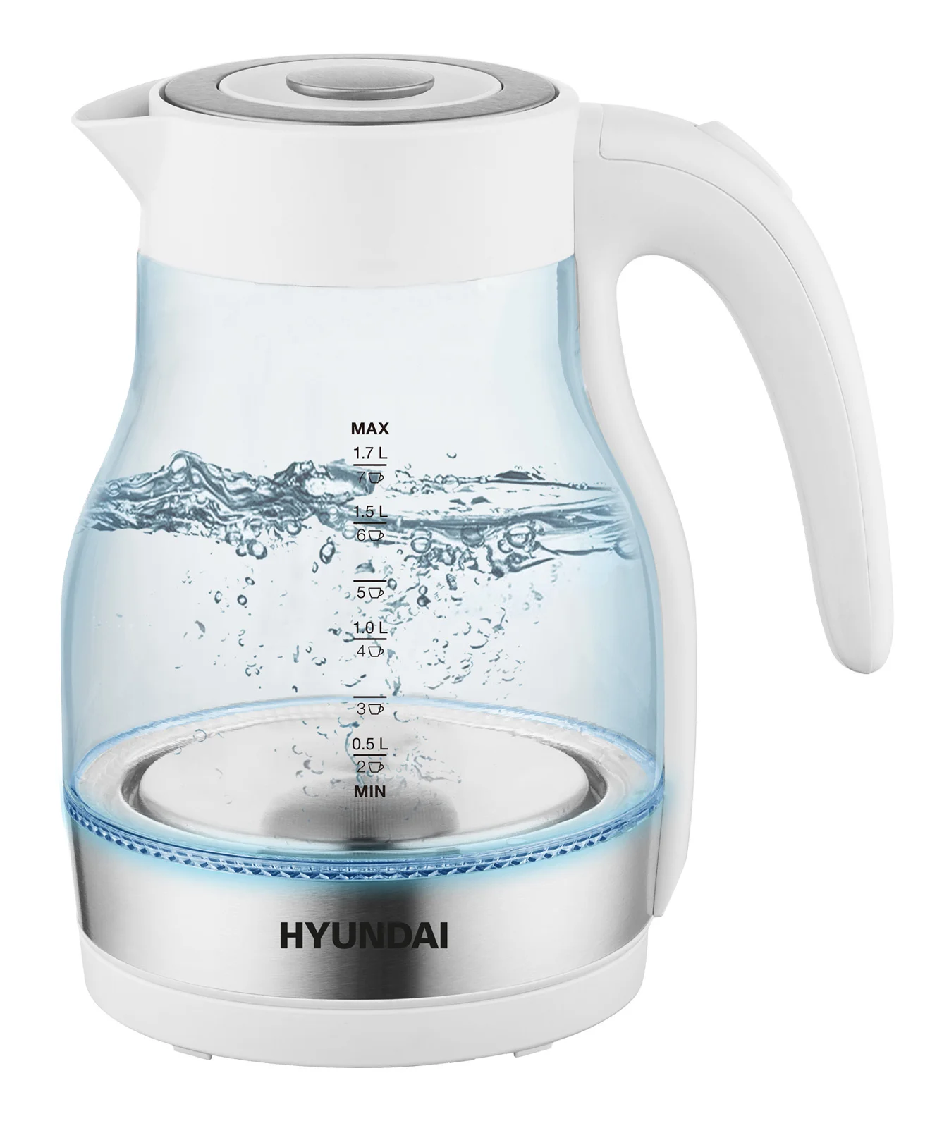 Чайник электрический Hyundai HYK-G3802 1.7 л, 2200 Вт, белый/серебристый (корпус: стекло)