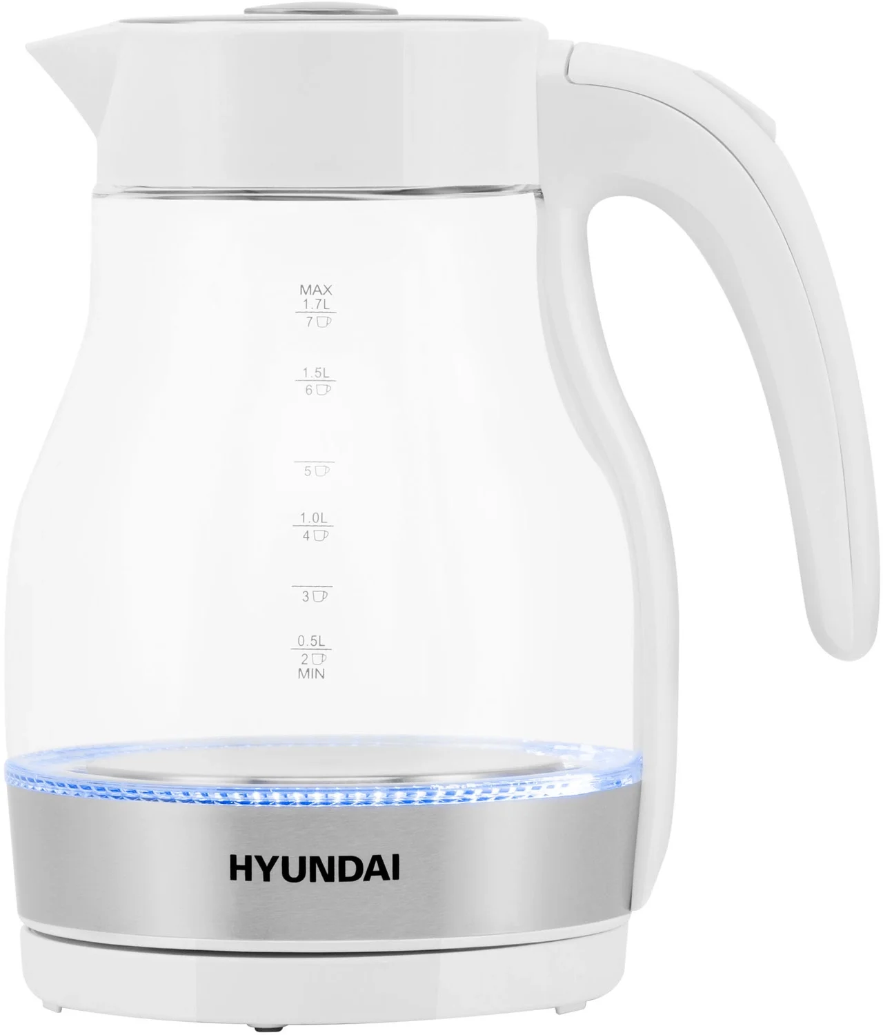 Чайник электрический Hyundai HYK-G3802 1.7 л, 2200 Вт, белый/серебристый (корпус: стекло)
