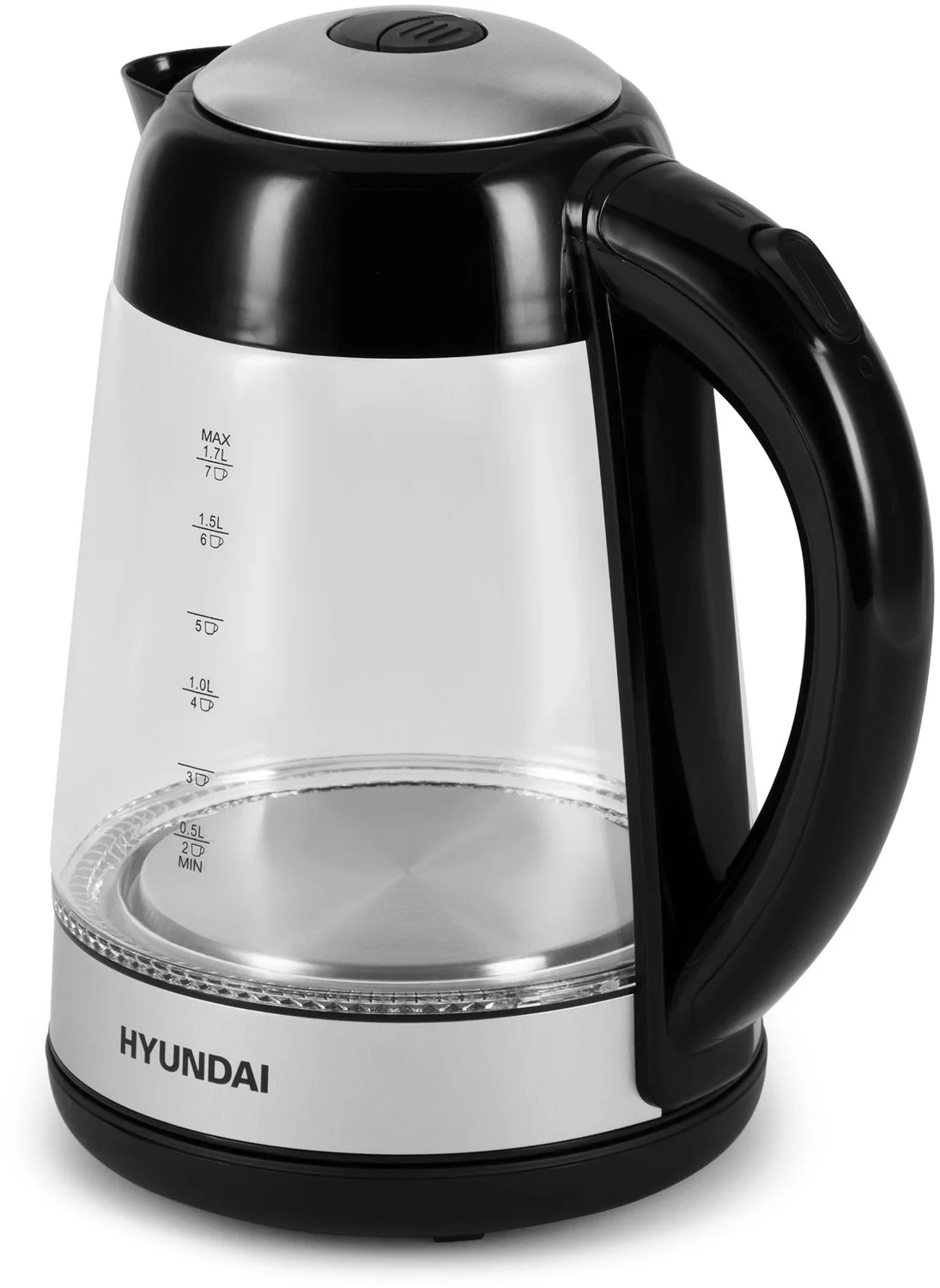 Чайник электрический Hyundai HYK-G3803 1.7 л, 2200 Вт, черный/серебристый (корпус: стекло)