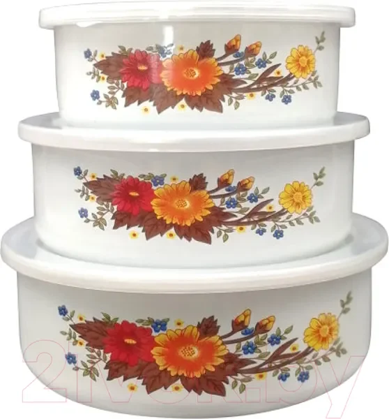 СКР Набор из 3 эмалированных мисок с крышками, FAMILIA, объемы: 600/850/1250 мл, цвет: белый с диза