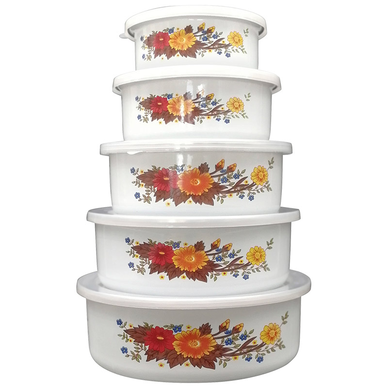СКР Набор из 5 эмалированных мисок с крышками, FAMILIA, 195/340/600/850/1250 мл, цвет: белый с дизай