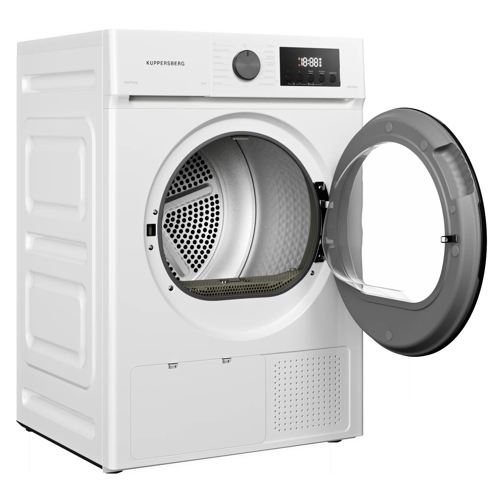 Сушильная машина Kuppersberg DM 593 W, High-Tech, загрузка 8 кг, 15 программ, тепловой насос, электронное кнопочное управление, корзина для сушки, бло