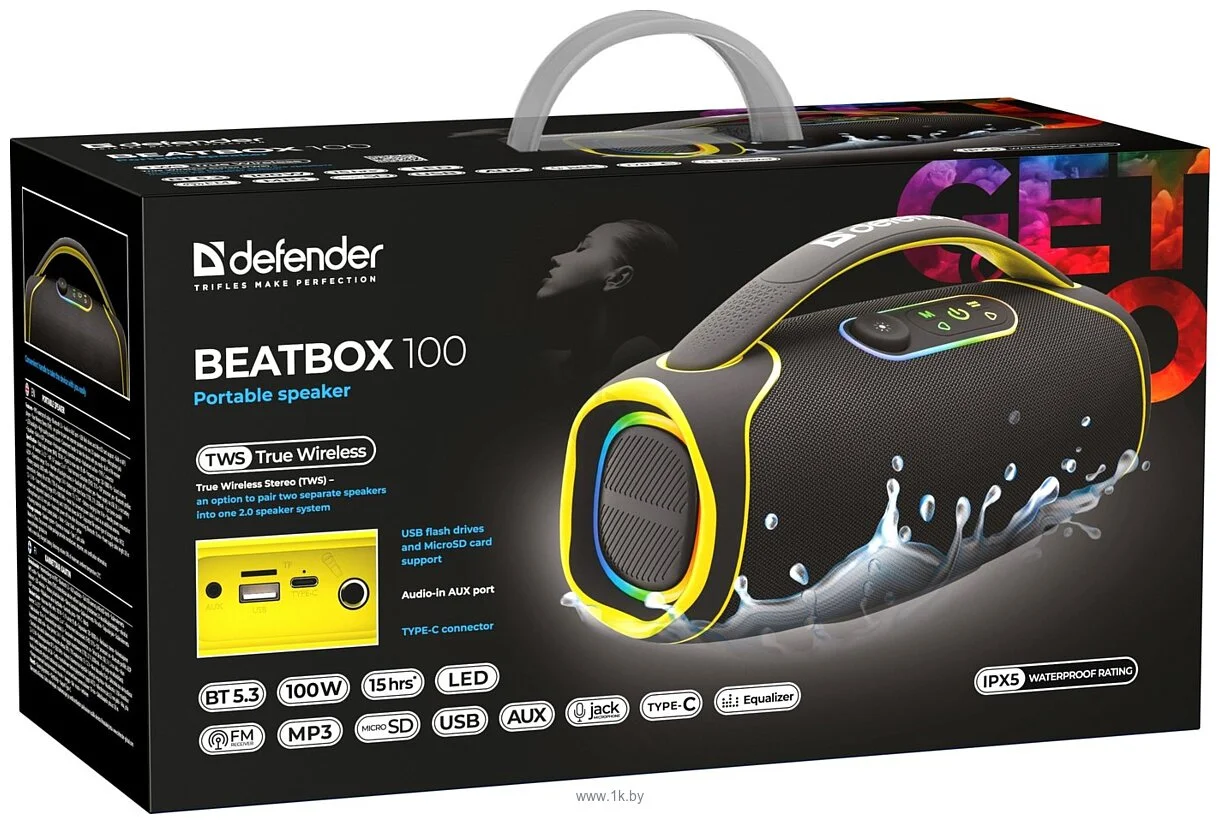 Портативная колонка Defender Beatbox 100 (100Вт, Bluetooth/FM/USB/TF/IPX5/TWS)