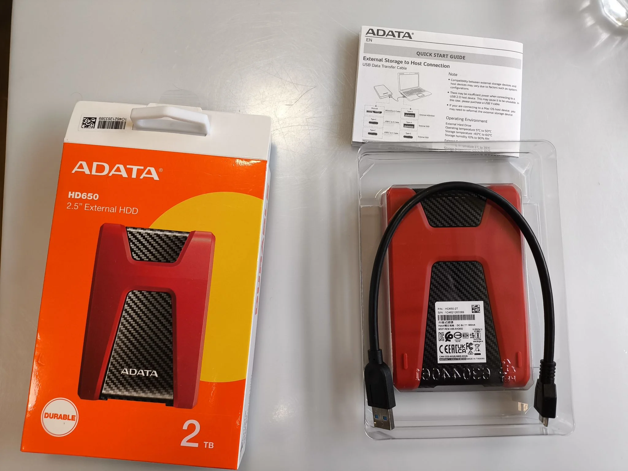 Внешний HDD 2.5" ADATA HD650, 2TB, USB 3.2 Gen 1 Type-A, 5400 rpm, красный