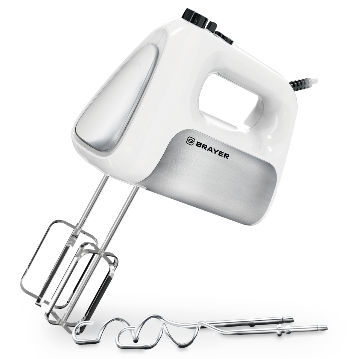 Миксер BRAYER BR1303, 500  Вт, корп.из нерж.стали, 5 режимов, 2 крюка, 2 венчика
