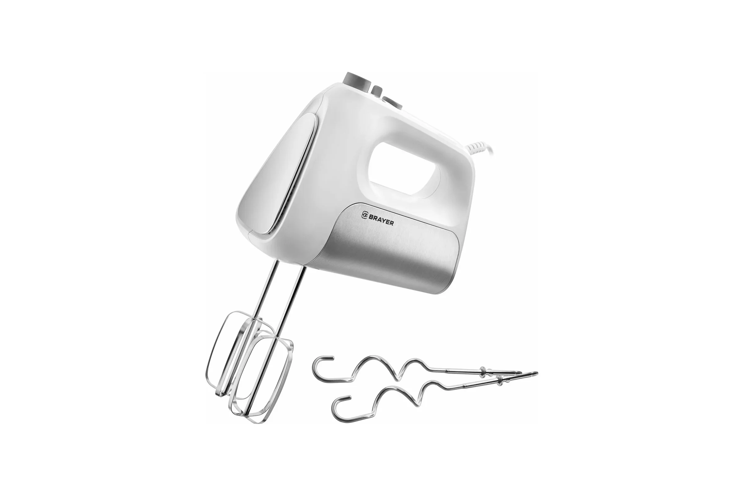 Миксер BRAYER BR1303, 500  Вт, корп.из нерж.стали, 5 режимов, 2 крюка, 2 венчика