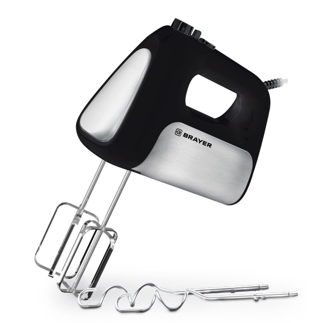 Миксер BRAYER BR1303BK, 500  Вт, корп.из нерж.стали, 5 режимов, 2 крюка, 2 венчика