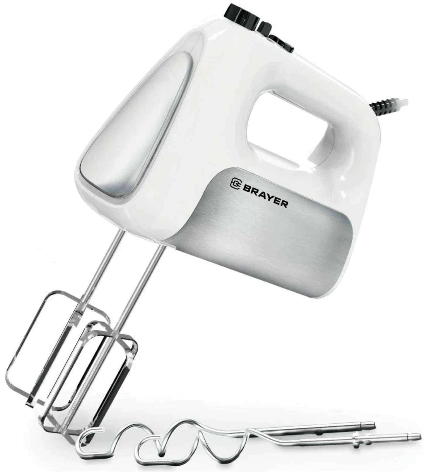 Миксер BRAYER BR1303BK, 500  Вт, корп.из нерж.стали, 5 режимов, 2 крюка, 2 венчика