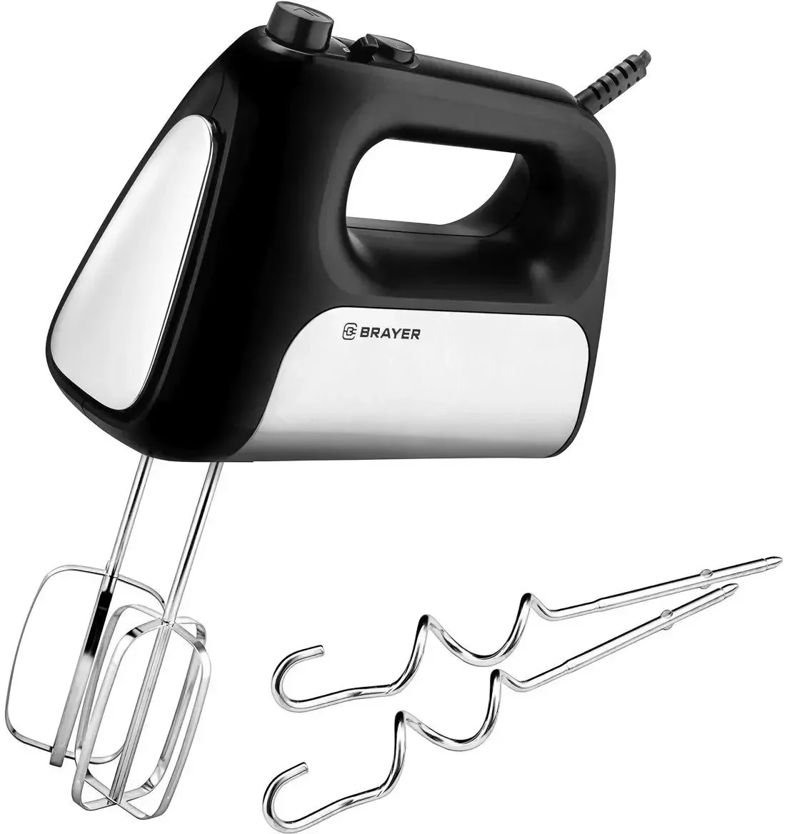 Миксер BRAYER BR1303BK, 500  Вт, корп.из нерж.стали, 5 режимов, 2 крюка, 2 венчика