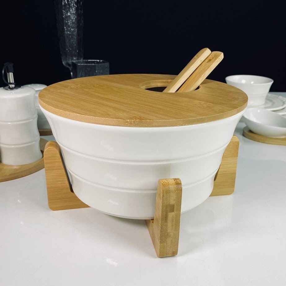 LENARDI  Набор салатник 25см. с 2 ложками и крышкой на подставке BAMBOO в под.уп.(х8)Фарфор — фото 1