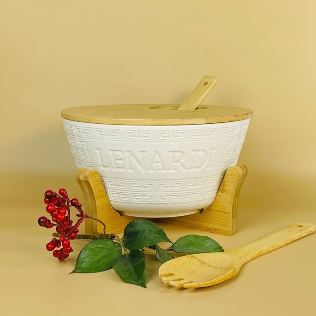 LENARDI BAMBOO Набор салатник 25см. с 2 ложками на подставке в под.уп.(х8)Фарфор