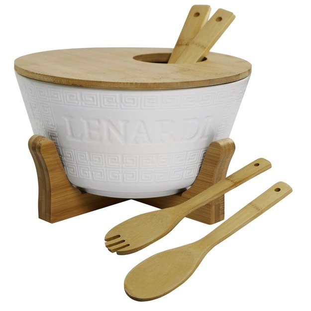 LENARDI BAMBOO Набор салатник 25см. с 2 ложками на подставке в под.уп.(х8)Фарфор