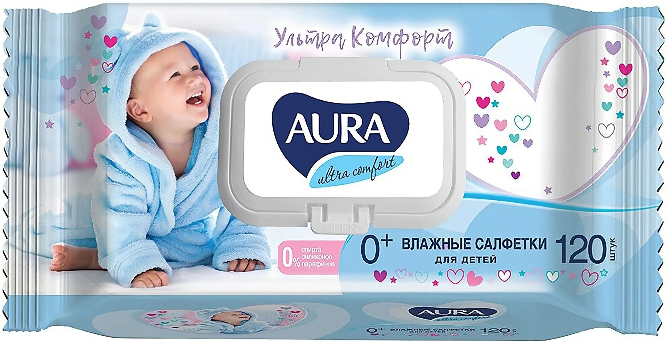 VETTA Салфетки влажные детские AURA ULTRA COMFORT с экстрактом алоэ и витамином Е, с крышкой, 120 шт