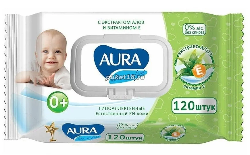 VETTA Салфетки влажные детские AURA ULTRA COMFORT с экстрактом алоэ и витамином Е, с крышкой, 120 шт