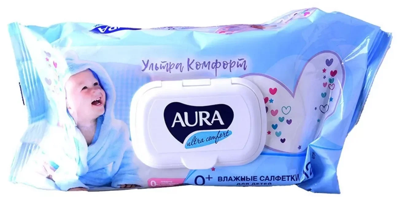 VETTA Салфетки влажные детские AURA ULTRA COMFORT с экстрактом алоэ и витамином Е, с крышкой, 120 шт