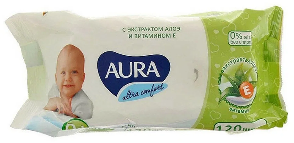 VETTA Салфетки влажные детские AURA ULTRA COMFORT с экстрактом алоэ и витамином Е, с крышкой, 120 шт