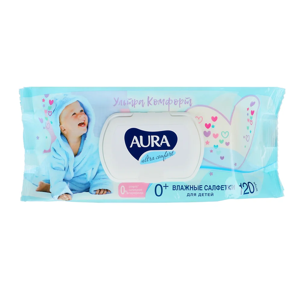 VETTA Салфетки влажные детские AURA ULTRA COMFORT с экстрактом алоэ и витамином Е, с крышкой, 120 шт