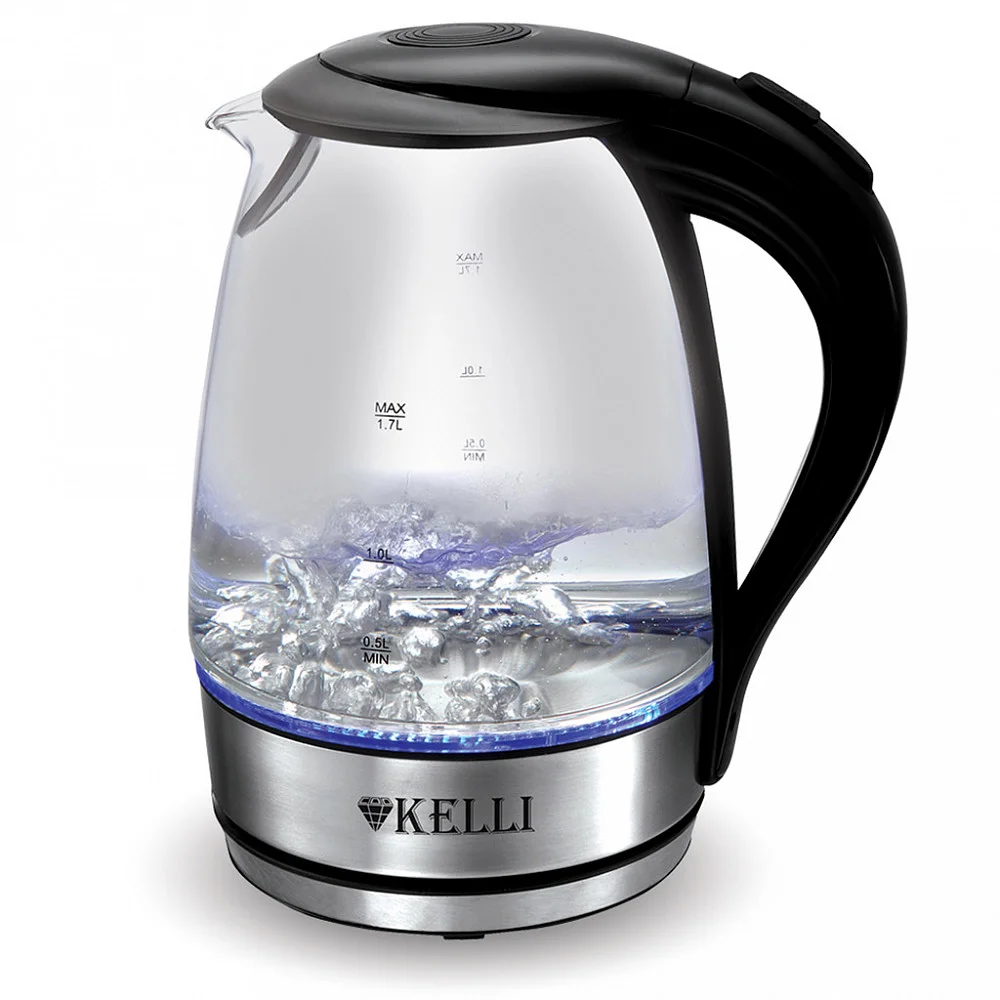 Чайник электрический Kelli KL-1462 стекло(Объем 1.7л. 1850-2200Вт. Термостойкое боросиликатное стекло, внутр. подсветка. Автомат. отключение Шкала уро