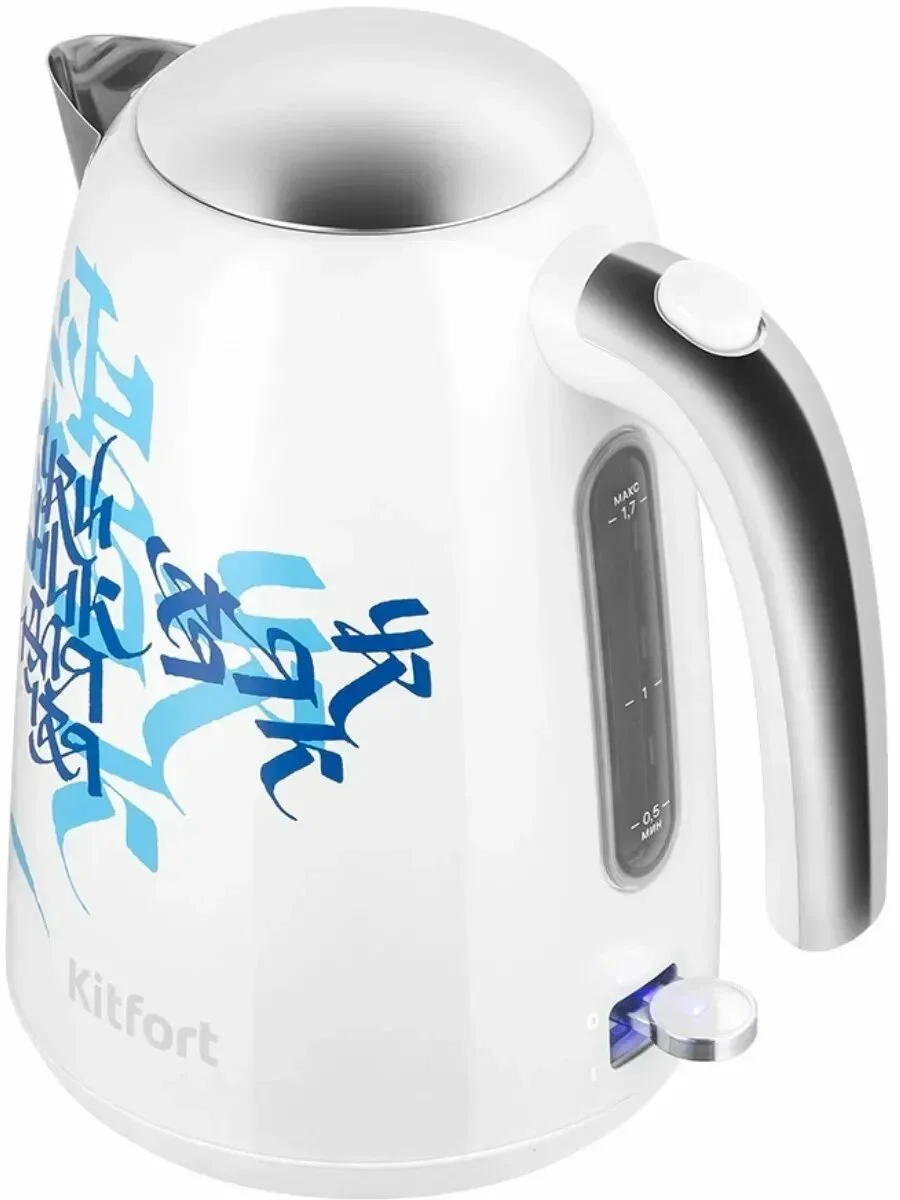 Чайник электрический Kitfort КТ-6772 1.7 л, 2200 Вт, белый/синий корпус: металл/пластик